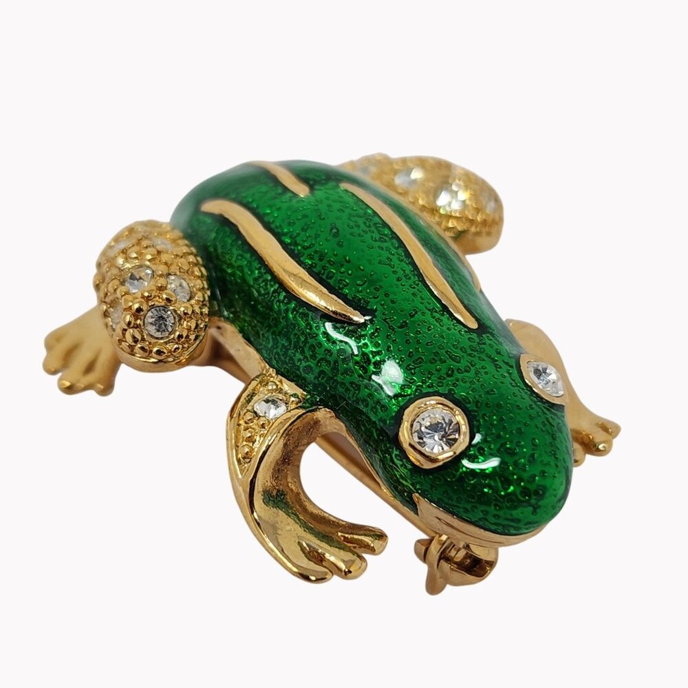 Vintage Green Enamel Rhinestone Frog Pin Signed Roman Gold Tone 1.25"